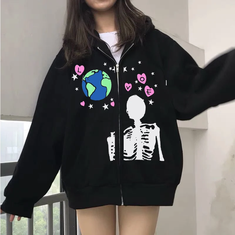 

hip hop aesthetic zip cardigan jacket y2k gothic zip hoodie punk style high street skull print Harajuku retro long sleeve top
