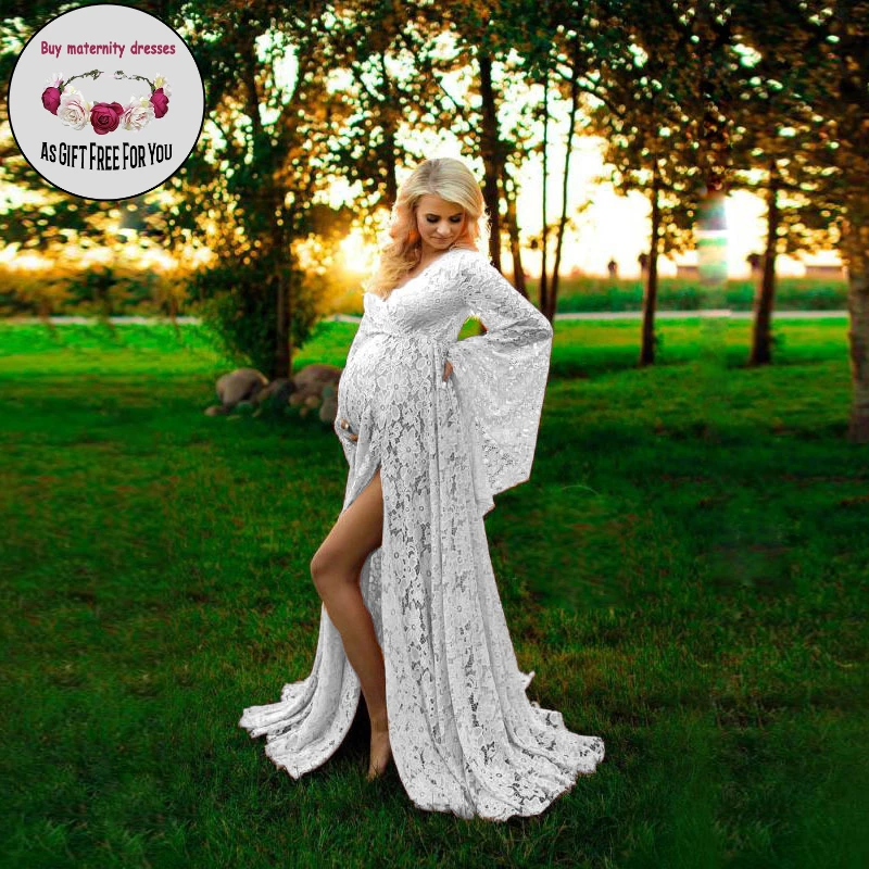 

Women Fashion Off Shoulder Pregant Women Lace Dress Gown Long Sleeve Dress for Photo Shoot Women Maternity Photography