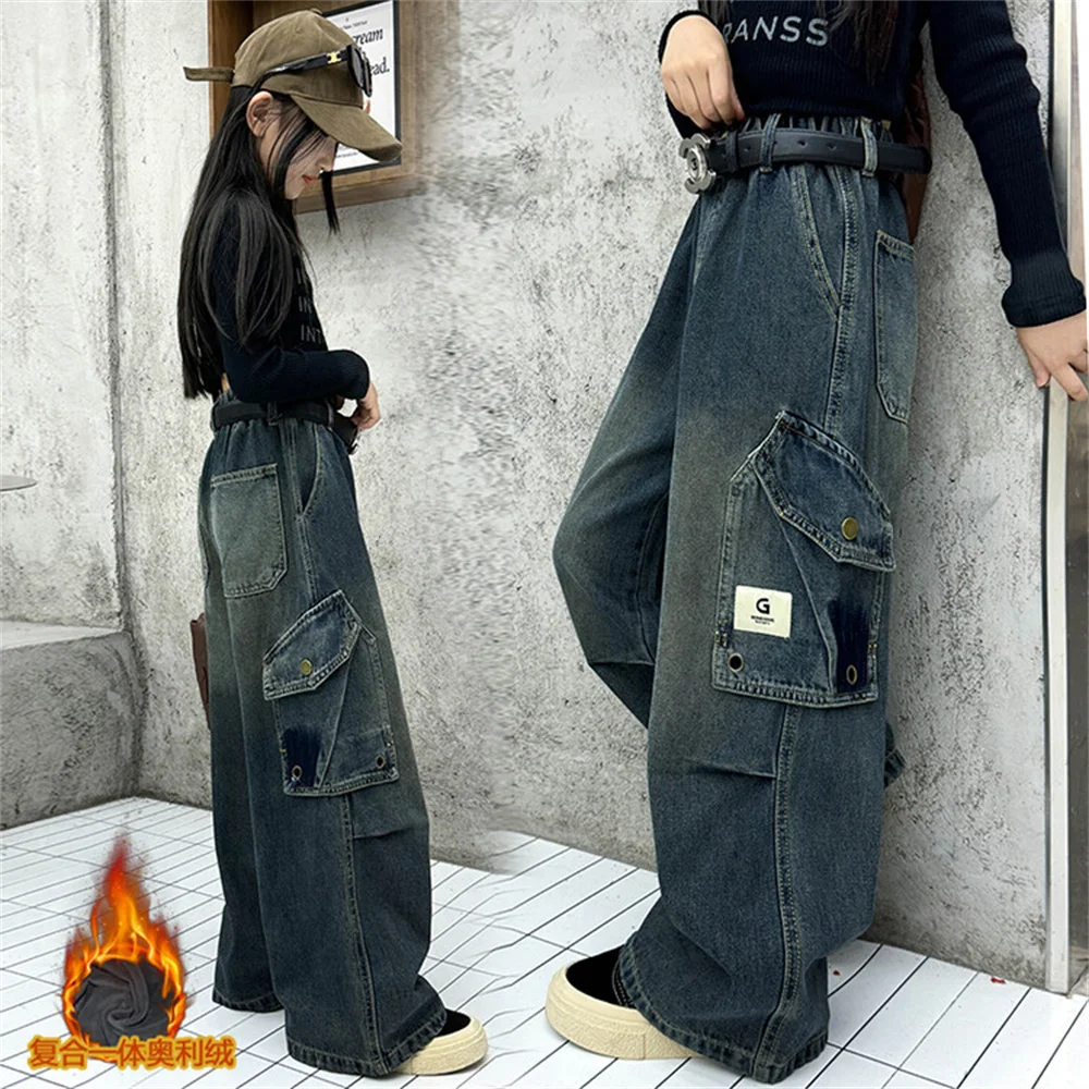 K5503 добавляет бархатные и утолщенные джинсы для девочек широкие брюки детские