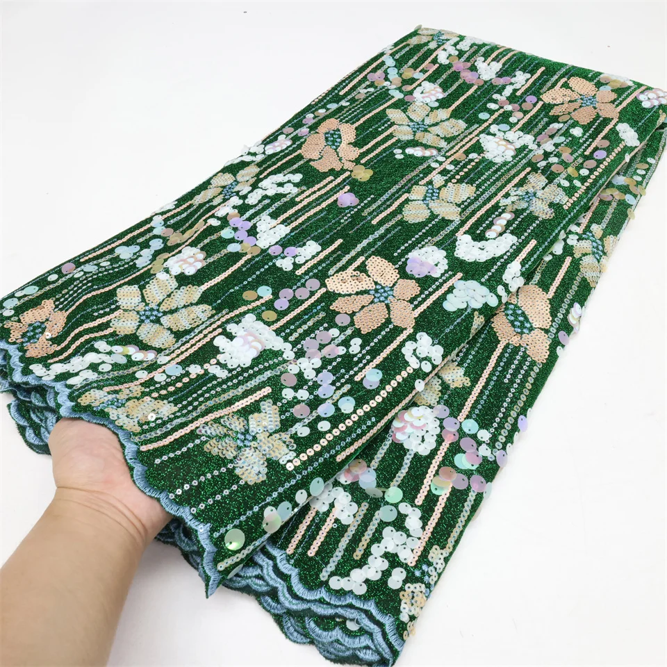 

African Golden Velvet Green Lace Fabric 2023 High Quality French Embroidery Sequins Fabric For Nigerian Party Dress Sew LY1948