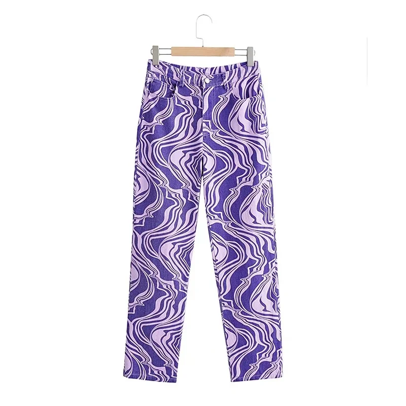 Bmissingyou Purple Printed Fashion Women Jeans Hot Girl High Waist Straight Pants With Pocket Hip Hop Y2k Trousers Streetwear