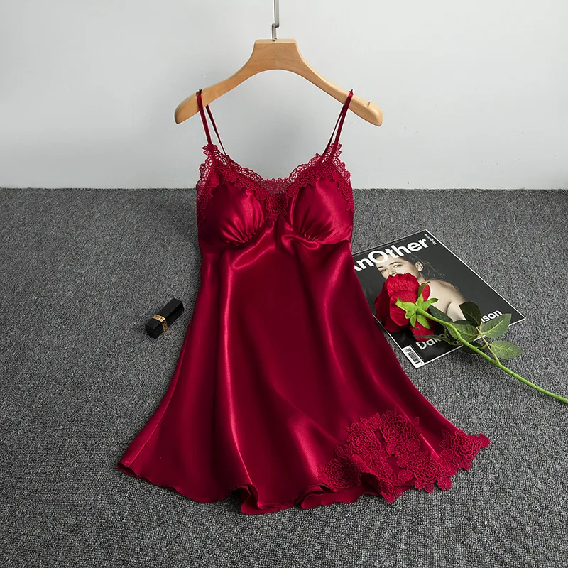 Silk Sleepwear Nighty for Ladies Satin Night Dress Sleeveless V-neck Nightgown Lace Trim Sling Chest Pad Thin Straps Sleepdress