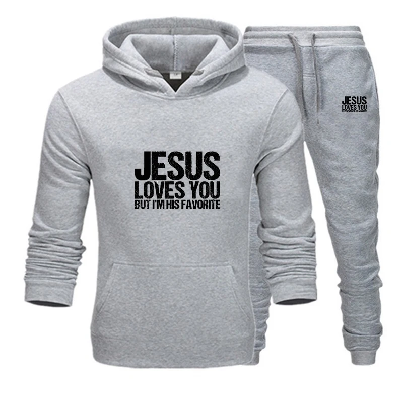 Men Tracksuit 2022 Spring Autumn Jesus Letter Logo Casual Soft Jogging Sports Drawstring Hooded Suit Homme Streetwear Sportswear