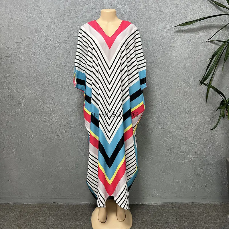

African Dresses for Women Boubou Dashiki Ankara Stripe Printing Outfits Gown Africa Women V-neck Polyester Long Dress Maxi Dress
