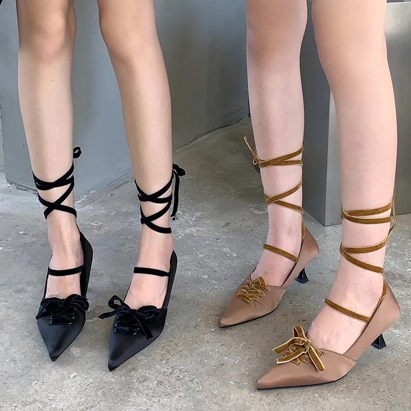 

Fashion Shallow Women Med Heels Sandals Pointed Toe Outdoor Female Sandal Casual Cross-tied Sexy Elegant Ladies Pumps Shoes