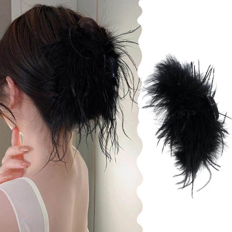 

Ostrich Feather Hair Clip White Black Fluffy Fur Hair Claw Shark Clip Ponytail Clips Korean Hairpin Headwear Hair Accessories