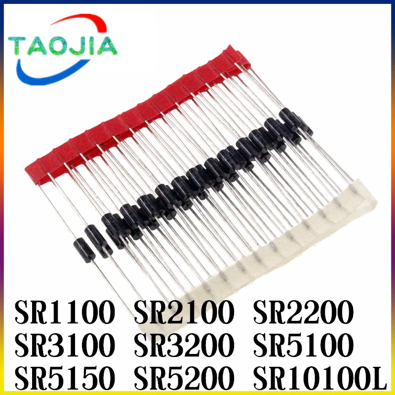 100 шт., диоды Шоттки SR1100 SR2100 SB2100 SR2200 SR3100 SR3200 SR5100 SR5150 SR5200 SR10100L DO-15