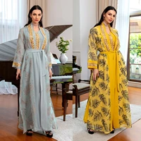 yzz sequin embroidery 2 piece abaya set women muslim luxury evening dress middle east dubai arab kimono femme musulmane marocain