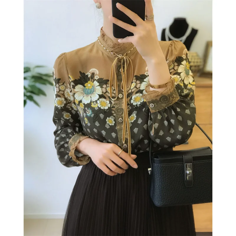 

Silk Shirt for Women Summer 2023 New In Floral Printed Casual Satin Blouses Loose Long Sleeve Ruffle Top O-neck YCMYUNYAN
