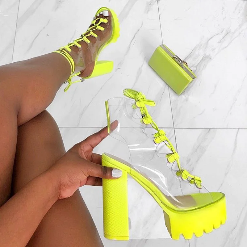 

Neon Green PVC Jelly Sandals Open Toe Lace-up Gladiator High Heels Summer Shoes Platform Heeled Transparent Sandals Size 35-42