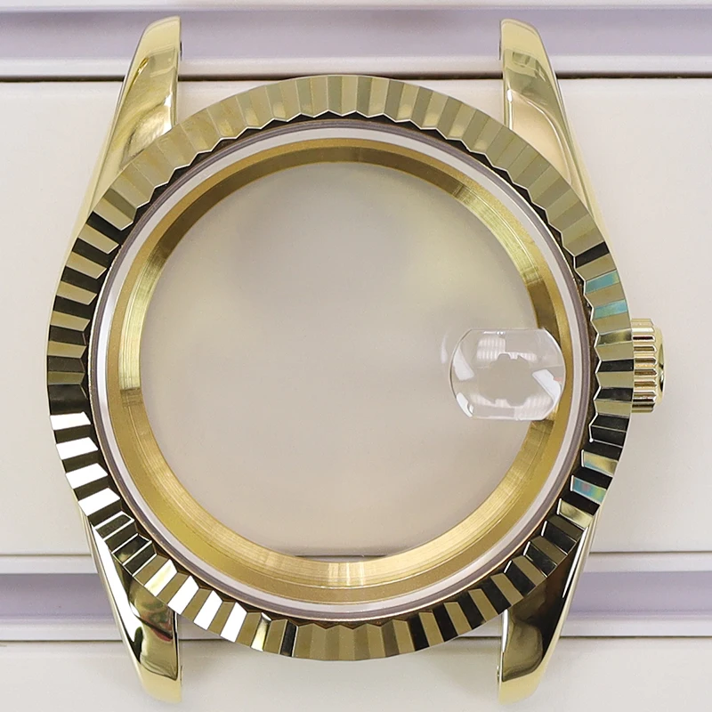 36 мм/40 мм золотой корпус часов с PVD-покрытием рифленый безель сапфировое стекло