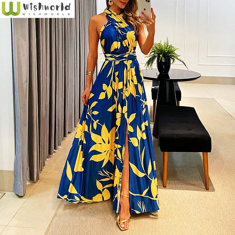 

Fashion Women's Clothing 2022 Summer New Print Hanging Neck Open Back High Waist Elegant Women's Dress Long Skirt