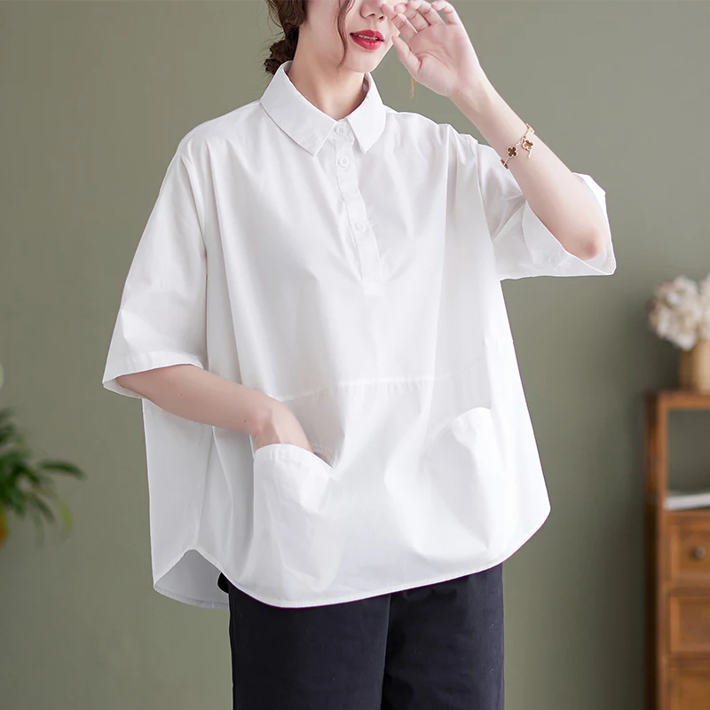 

Short Sleeve Shirt Women's Summer Loose Solid Color Versatile Lapel Pullover Shirt Fashion Top