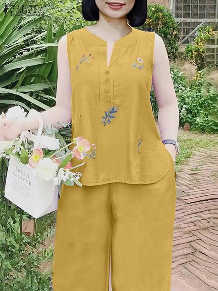 Женский винтажный костюм ZANZEA из блузки без рукавов и брюк с широкими штанинами