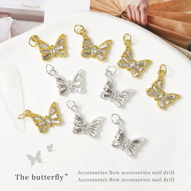 

10pcs Butterfly Nail Rhinestone Diamond Alloy Zircon 3D Butterfly Nail Art Decoration DIY Nail Piercing Hoop Pendants Manicure