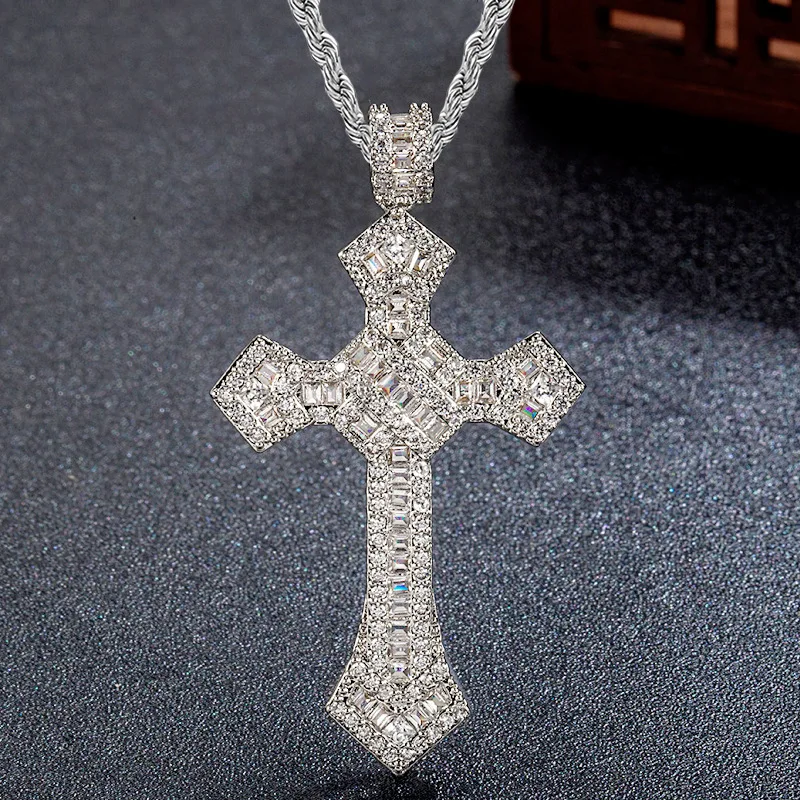 

925 Silver Cross Pendant Color Necklace With Zircon Long Figaro Chain for Women Man Religious