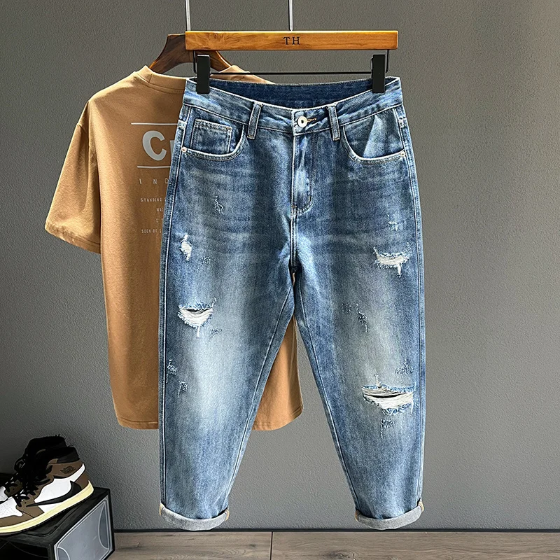 

Hip Hop Jeans Men Frayed Slim Little Feet Streetwear Blue Ankle Length Denim Trousers Male Casual Fashion Retro Cropped Pants