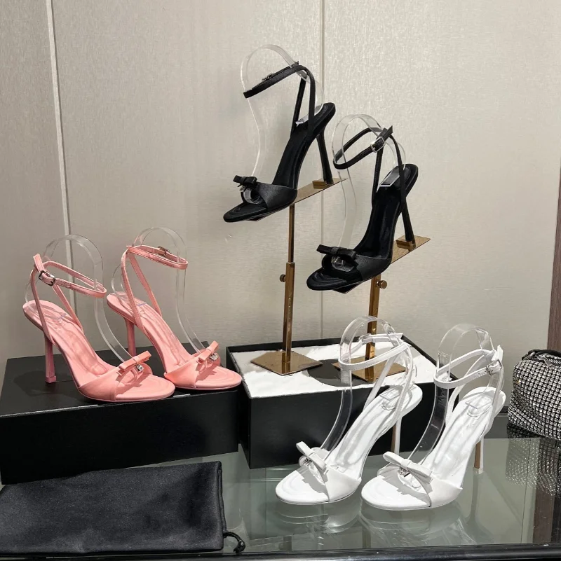 Women's Sandals 2023 Summer New Fashion Banquet Rhinestone Letter Buckle Bow High Heel Sexy Slim Heel Open Toe Roman Shoes