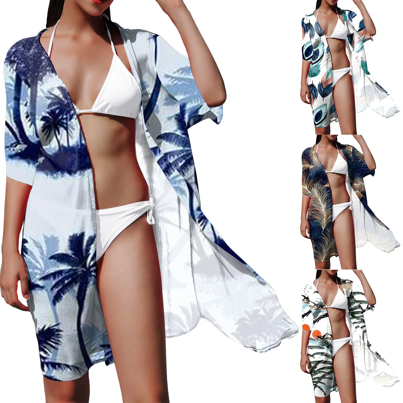 

Купальный костюм в стиле бохо, накидки, женское кимоно с цветочным принтом, кардиган, прозрачный купальник, накидка, Свободная Повседневная пляжная одежда для курорта