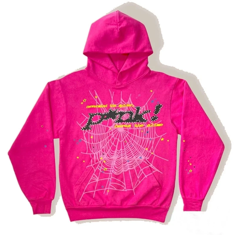 

Spider Web Graphic Pink Hoodies Men Women Hip Hop Long Sleeve Loose Hooded Sweatshirt Pants Goth Punk Pullover Tops Teen Clothes