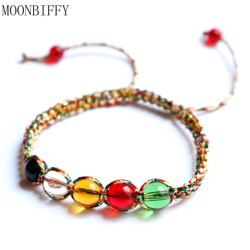 Ethnic Hand-woven Multicolored Rope 5 Colors Glass Beads Stretch Chinese Five Elements Fengshui Rope Charm Lucky Bracelets