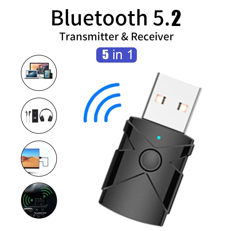 5 In 1 USB Bluetooth 5.2 Transmitter Receiver Stereo Bluetooth RCA USB 3.5mm AUX For TV PC Headphones Home Stereo Car HIFI Audio