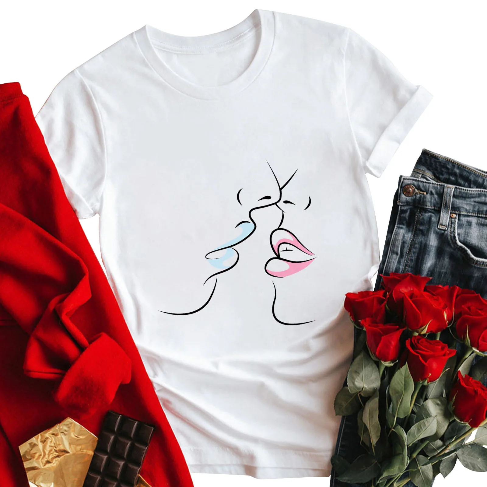 

2022 New Year Women Graphic Tee Shirt Top Short Sleeve T-shirt Summer Tops Female Gift For Valentine's Day