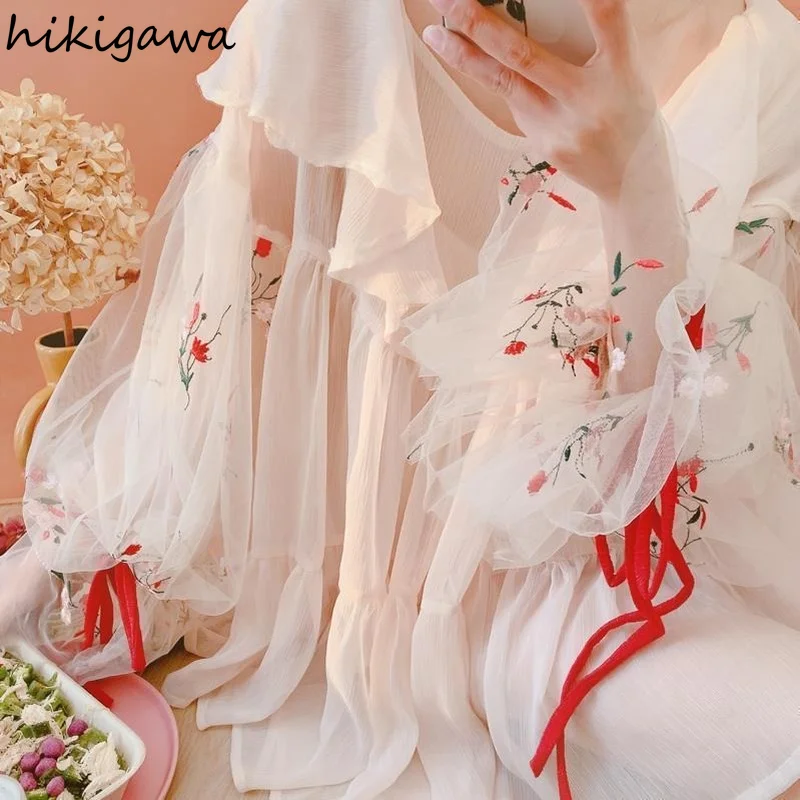 Милая женская блузка Hikigawa шифоновые Блузы с круглым вырезом и