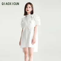 qiaoxicun summer 2022 women dress korean fashion design pleated love puff sleeve dress stand collar loose irregular shirt dress