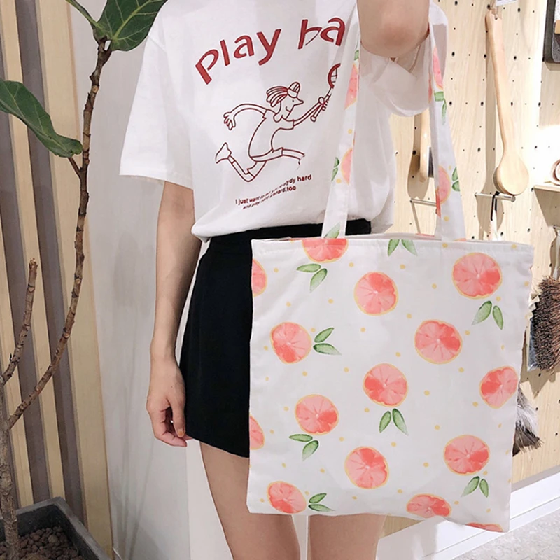 

Korean peach print casual fashion pink shoulder bag large capacity Japanese chic canvas Vintage bags