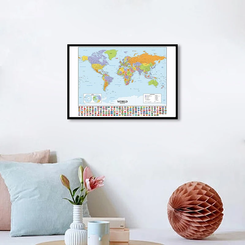 

90*60cm The World Political Map with National Flags In Detail Canvas Painting Wall Poster School Supplies Classroom Home Decor