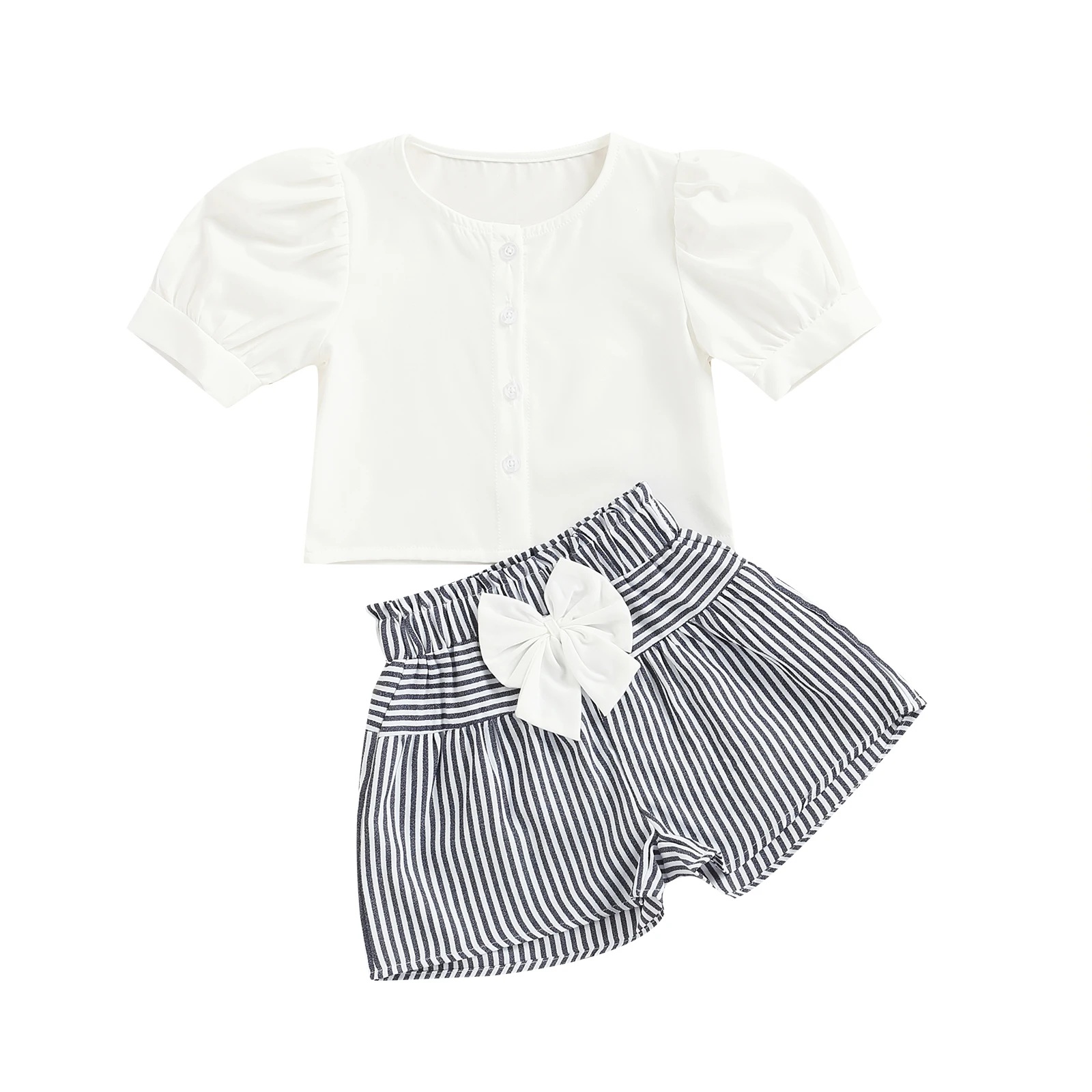 

2Pieces Toddler Kids Casual Set Summer Solid Color Round Neck Short Sleeve Tops Bow Striped Short Pants for Toddler 2-7 Years