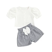 2pieces toddler kids casual set summer solid color round neck short sleeve tops bow striped short pants for toddler 2 7 years