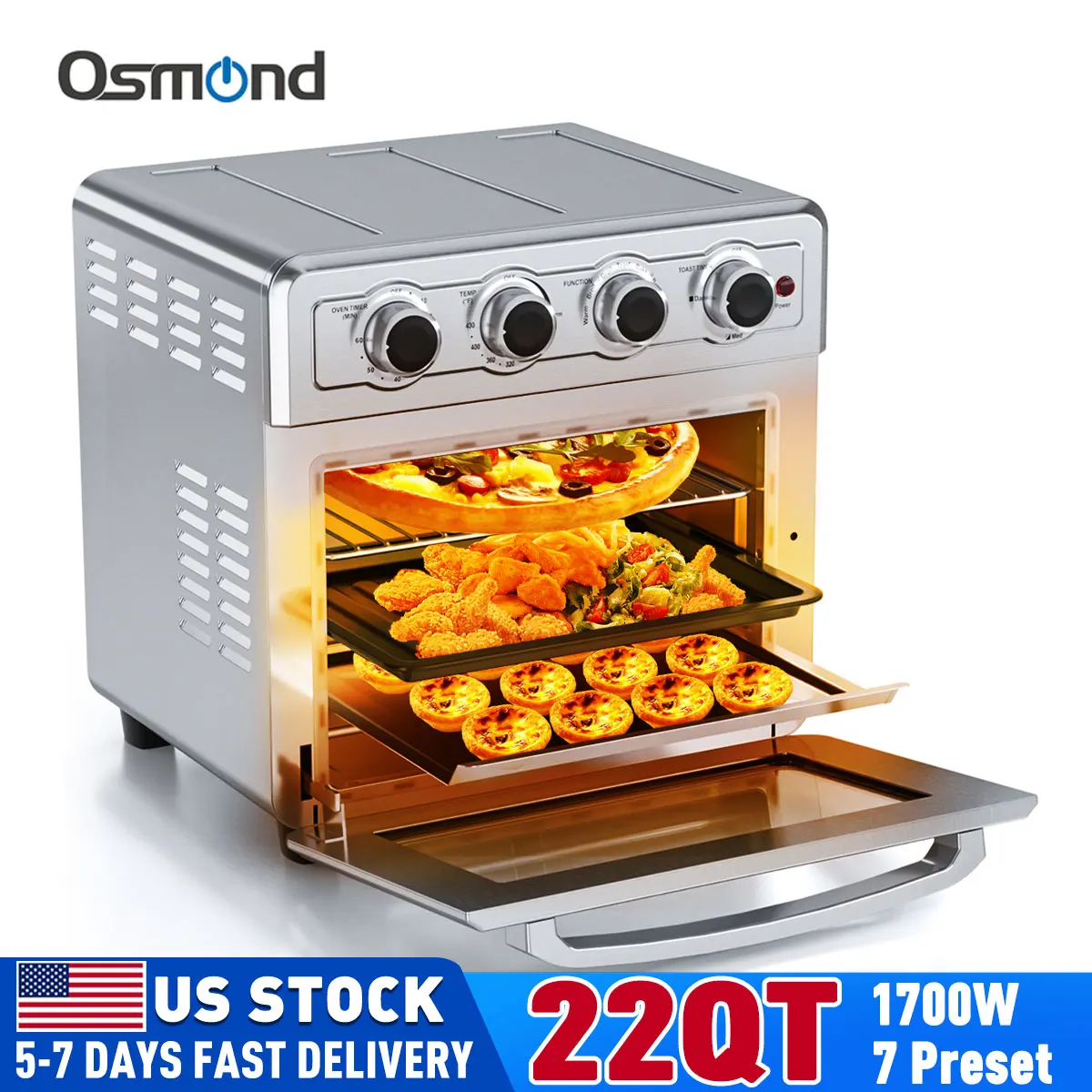 

OSMOND 21L/22QT 1700W Electric Air Fryer Oven 7 in 1 Presets menu Rotisserie Dehydrator Convection Toaster Timer Countertop Oven