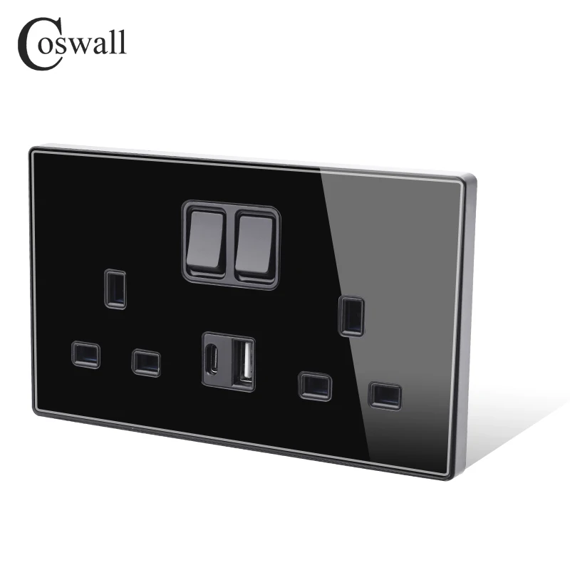 

COSWALL PD 18W Type-C,QC3.0 Type-A USB Quick Charge Port,13A Glass Panel Double UK Standard Socket Switched Earthed,146*86mm