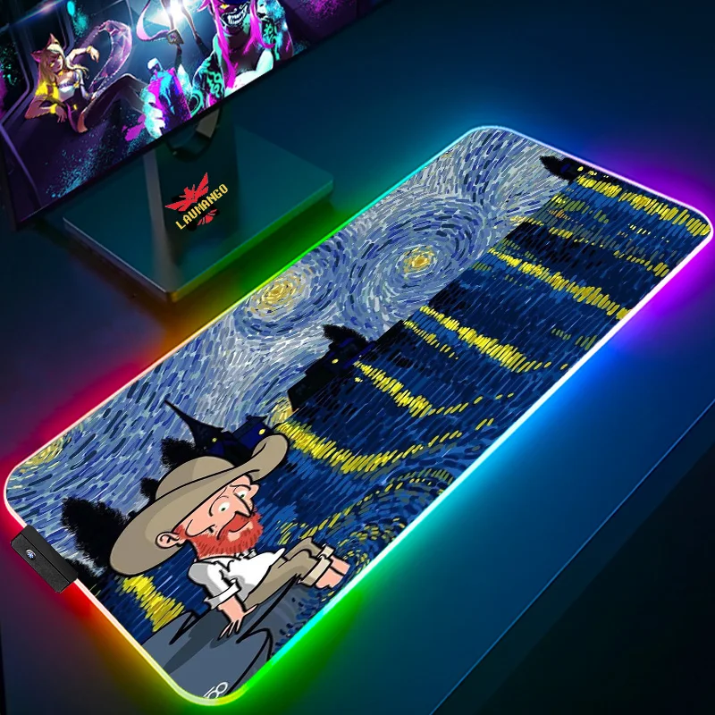 

Пользовательский Коврик для мыши Ван Гога, игровой коврик для мыши, мультяшный коврик с подсветкой, Аксессуары для мини-компьютера, RGB аниме ...