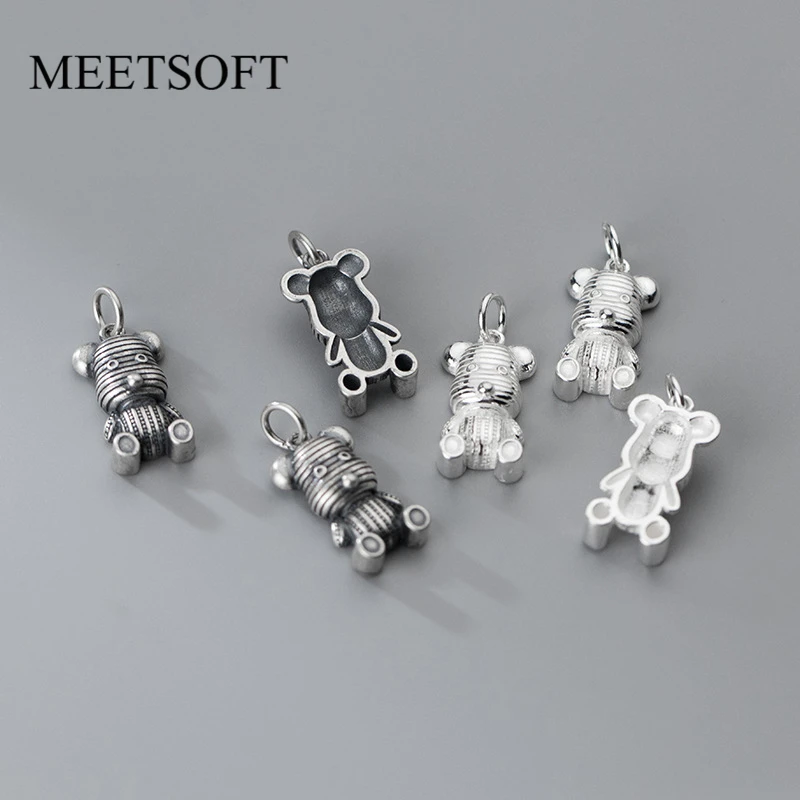 

MEETSOFT S925 Sterling Silver Matte Striped Cartoon Bear Rabbit Pendant Charms of DIY Handmade Making Supplies Lovely Necklace