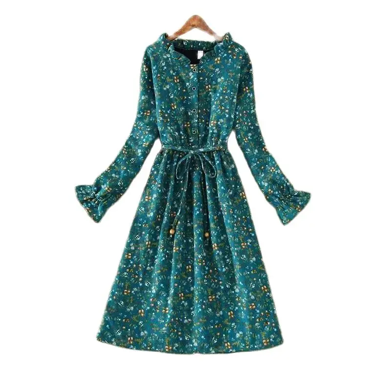 

Long Floral Dress Women's Long Sleeves 2023 Autumn And Winter Fleece Warm Elastic Waist Loose Slimming Casual Bottom Skirt Lady