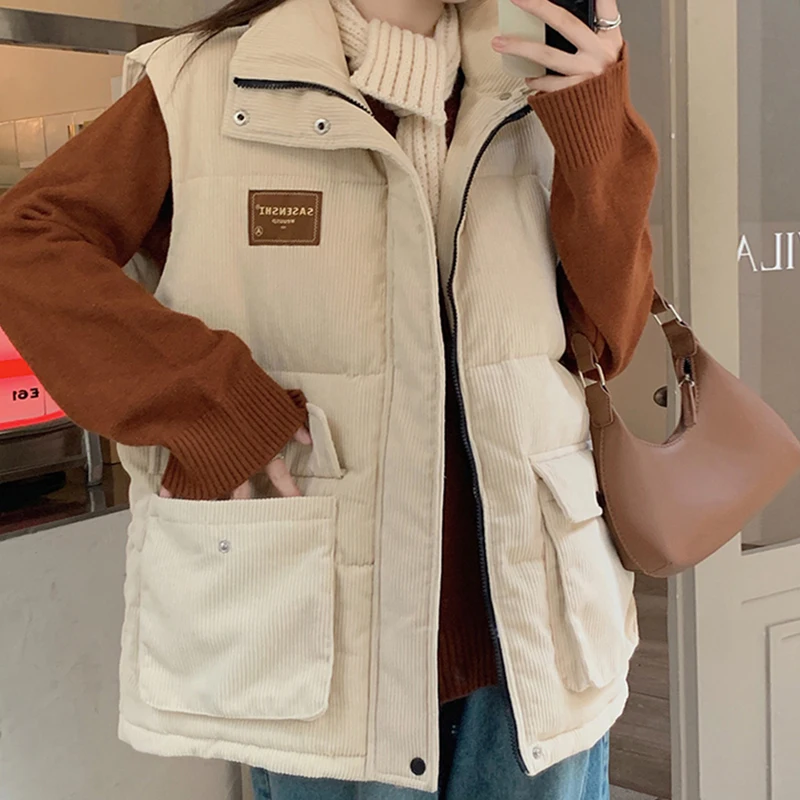 

Corduroy Vest Waistcoat Women Casacos De Inverno Feminino 2022 New Stand Collar Sleeveless Warm Down Cotton Parkers Jacket Coats