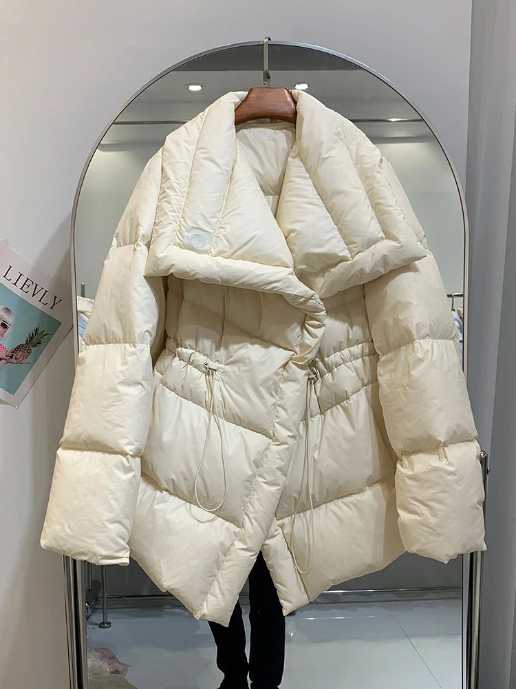 

Fitaylor Winter Women White Duck Down Coat Elegant Lady Lapel Drawstring Loose Coat Casual Thick Warm Puffer Parka Outwear