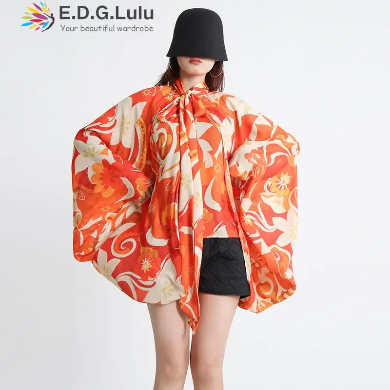 

EDGLuLu Design Stand Collar Lace-up Bow Loose Orange Printed Shirt Blouse 2022 Spring Autumn Elegant Long Sleeve Top Women 1123