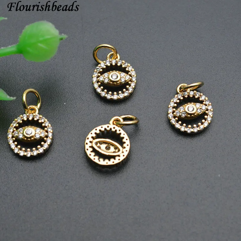 

20pc Jewelery Making Supplier Nickel Free Color Remain Gold Plated Small Size CZ Pave Round Evil Eye Charms for Diy Bracelet