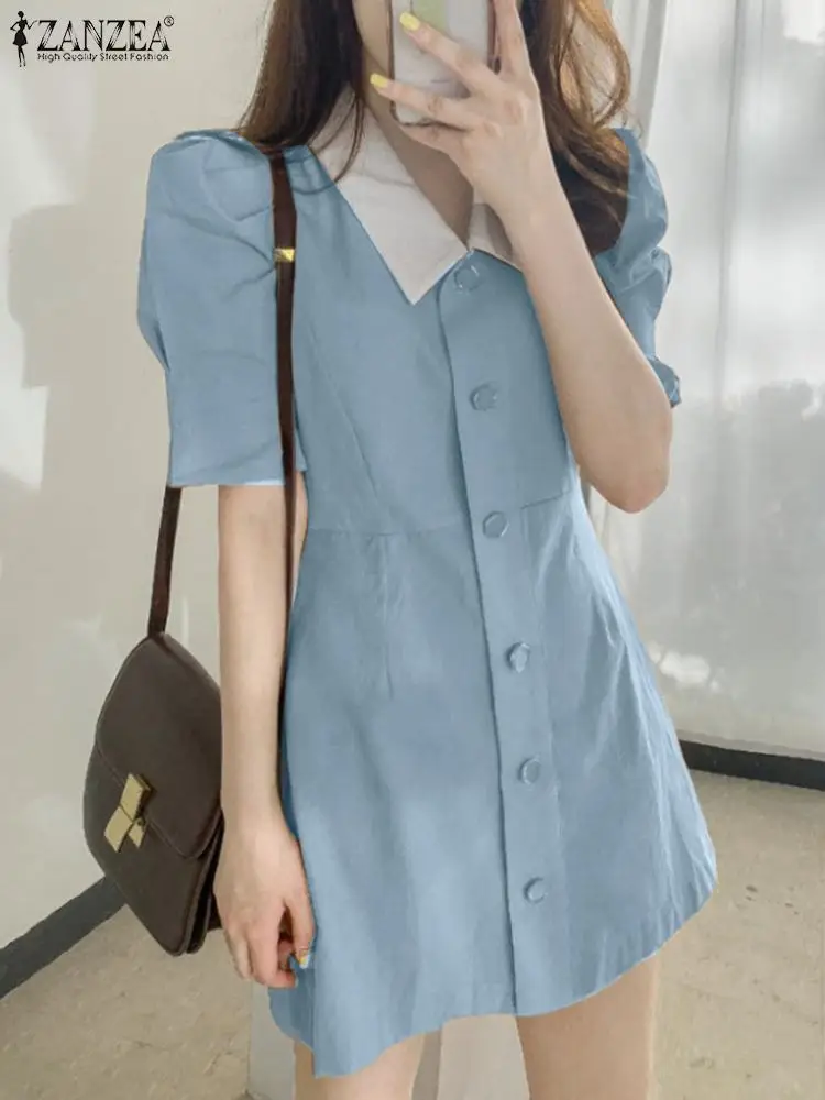 

ZANZEA Women Colorblock Dress Lapel Collar Puff Sleeve Cinched Waist Sweety Mini Sundress Korean Fashion Button Up Short Robes