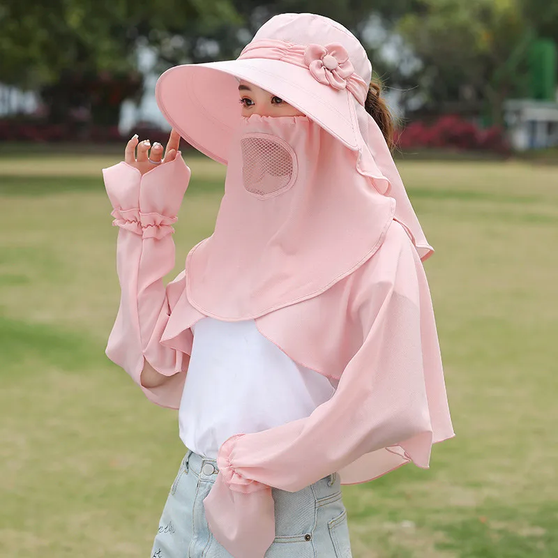 

Summer Women Wide Large Brim Sun Hat With Face Cover Shawl Outdoor Beach Cycling Sunscreen Neck Protection Hats Travel Caps 2022