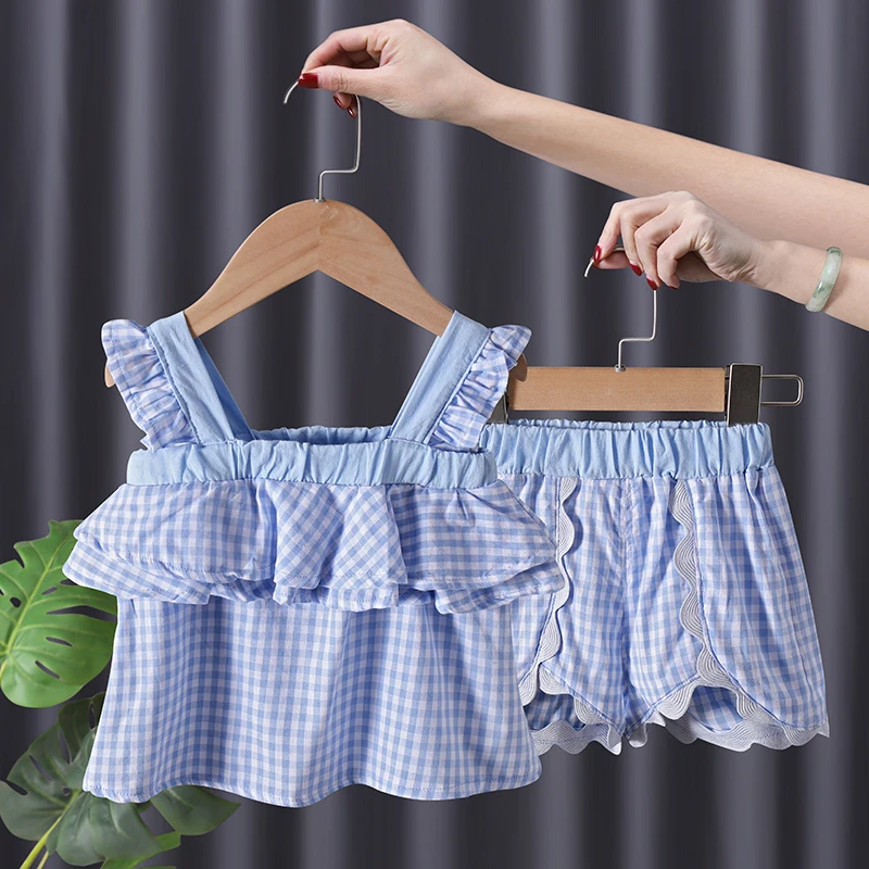 Girls Ruffles Sleeveless Summer Spanish Baby Clothes Kids Clothes Plaid Tops + Shorts 2pcs Clothes Girls Sets Clothing Outfits enlarge