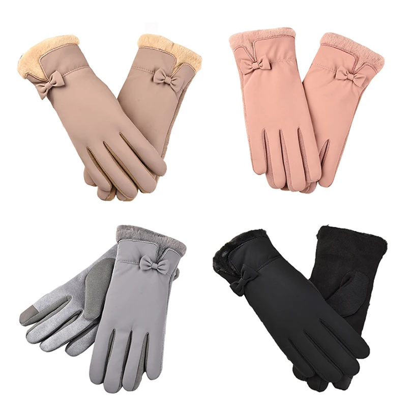 

Outdoor Riding Touch Screen Solid Color Women Thick Plus Velvet Gloves Winter Plush Wrist Mittens Windproof Edge Driving Gloves