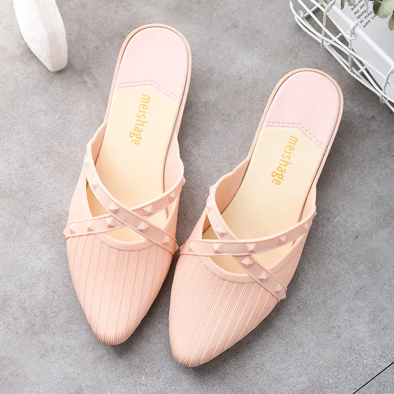 

2022 New Women Low Heel Slippers Pointed Toe Flats Bottom Fashion Summer Drags Sandals Woman's Baotou Slippers Lazy Casual Mules