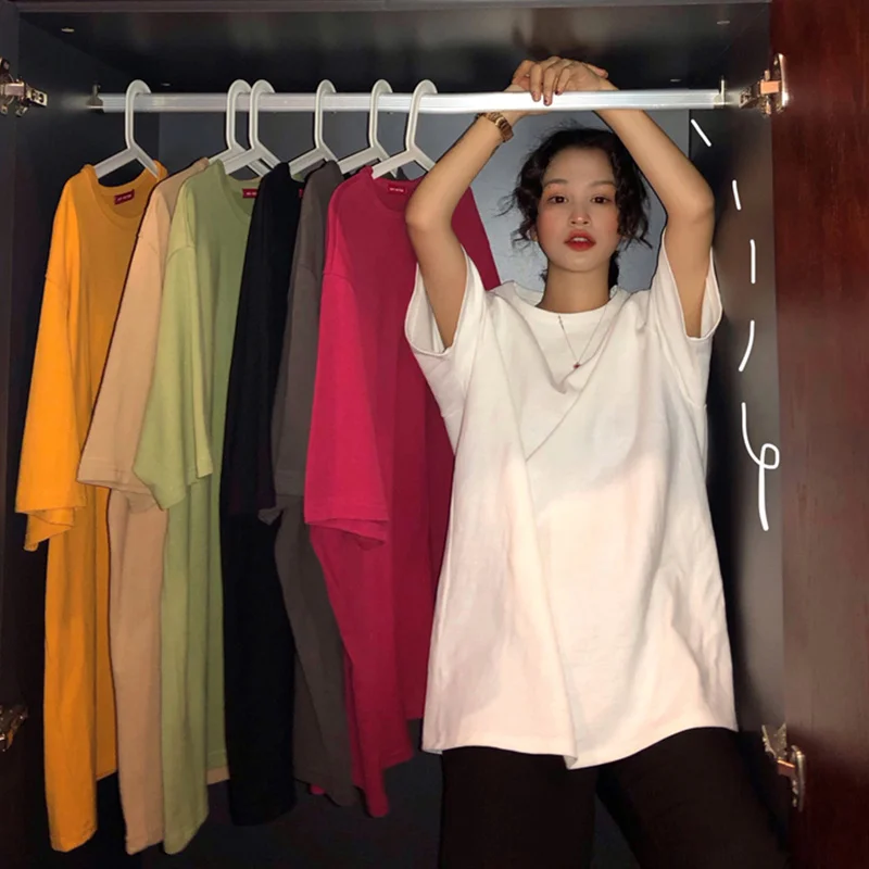 

oversized Tee Shirt 7 Solid Color Basic T-shirts Women Casual Harajuku Summer long white black Tops Korean Hipster White T Shirt