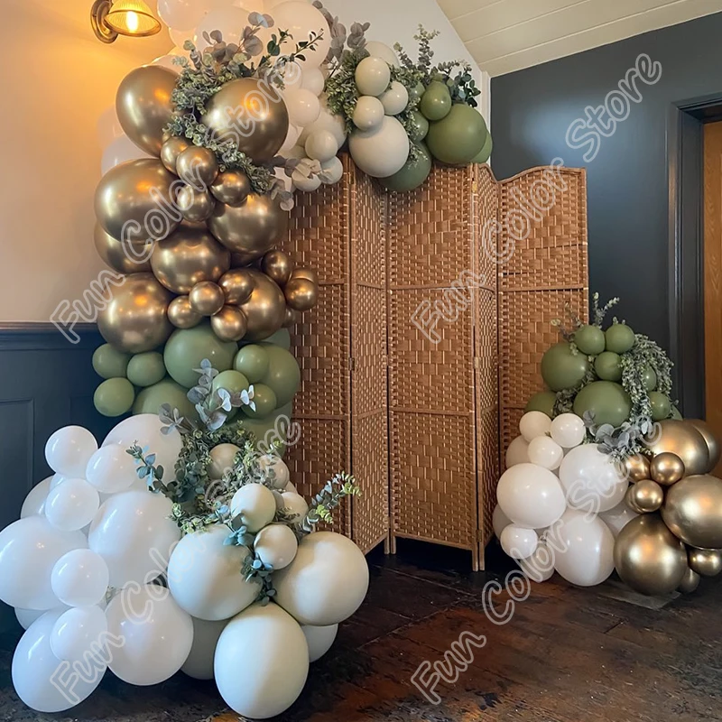

Avocado Green Memorial Party Balloons Arch Background Baby Shower Event White Celebration Golden Decor Birthday Balloons Garland