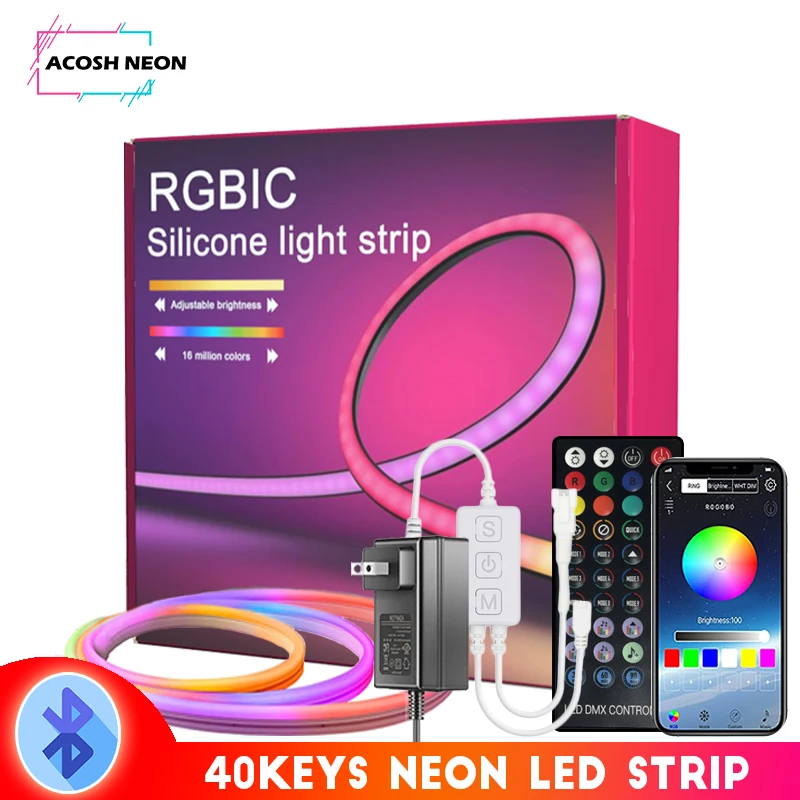 32.8ft/10M Neon Rope Light with RGB-IC, 84LEDs/M LED Neon Flex with Music Sync LED Strip Lights 44Keys Remote for Bedroom Living